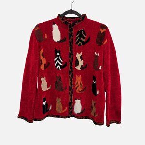 Susan Bristol Ltd. Vintage Womens L  Red Cat Print Full Zip Sweater 2288